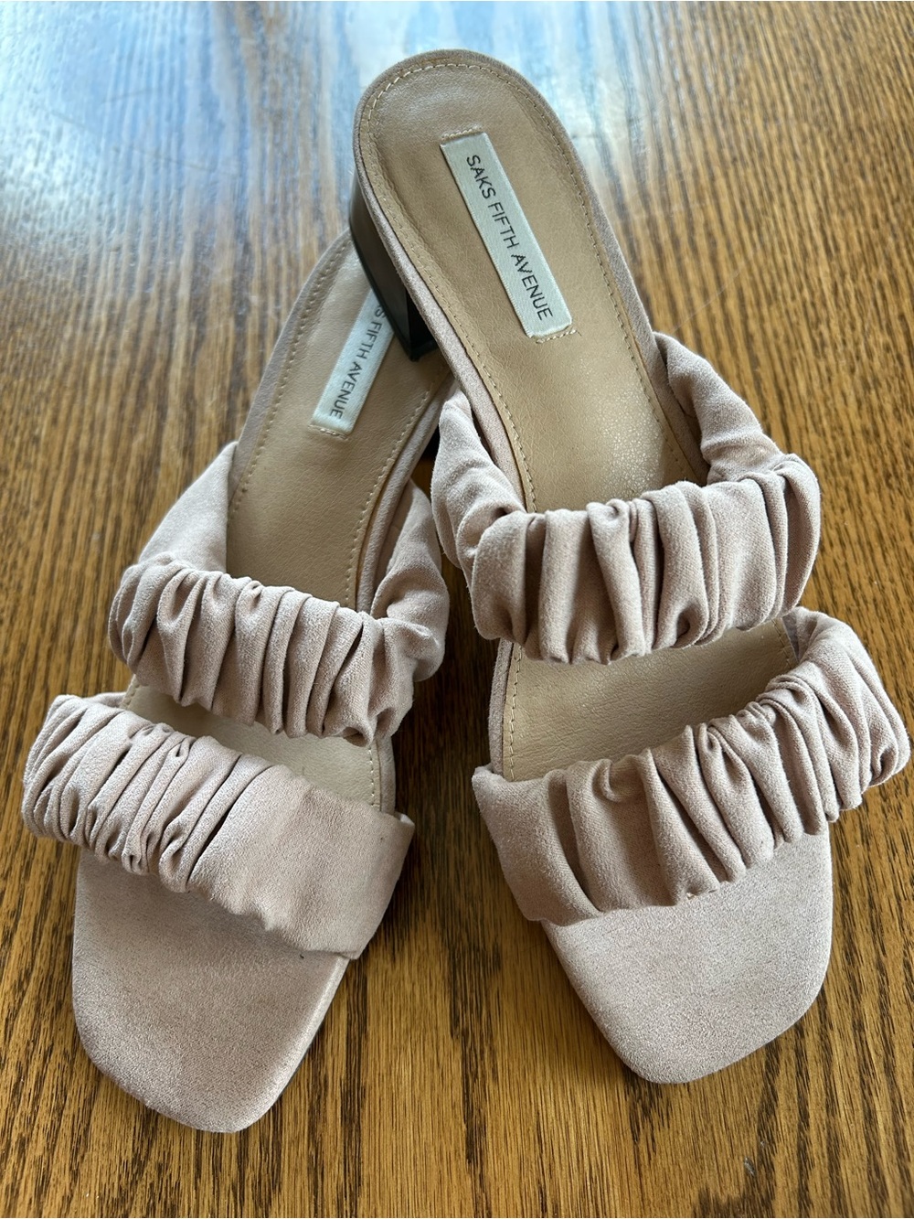 Suede Nude Saks FifthAvenue Ruched Strap stacked Heel Slides, sz 9